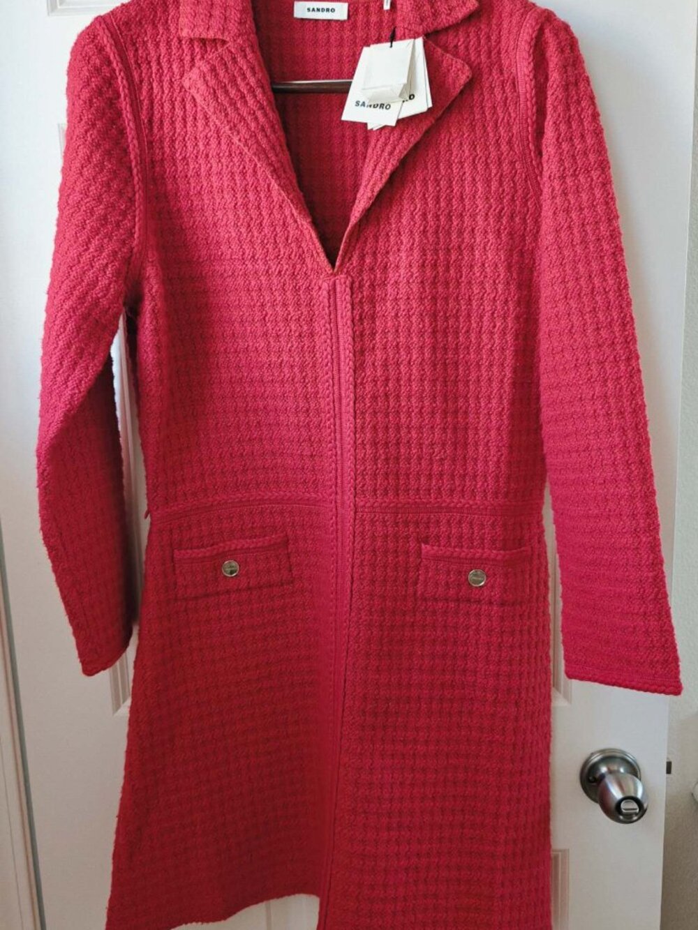 NWT Sandro Yvonne V-neck collared knit dress rouge red - Picture 5 of 8